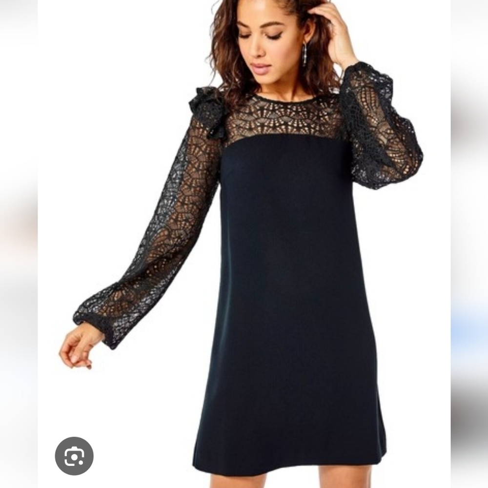NWT Lilly Pulitzer Karolina Dress in Onyx Black 00 LBD Ruffle Lace Long Sleeves